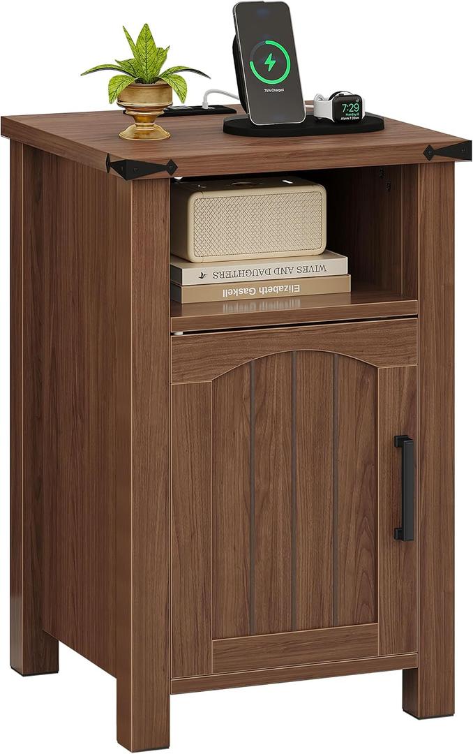 Farmhouse Nightstand with Charging Station, End Table with USB/Type-C Ports and Power Outlets, Rustic Bedside Table with Large Storage and Open Shelf, Modern Side Table for Bedroom, Walnut