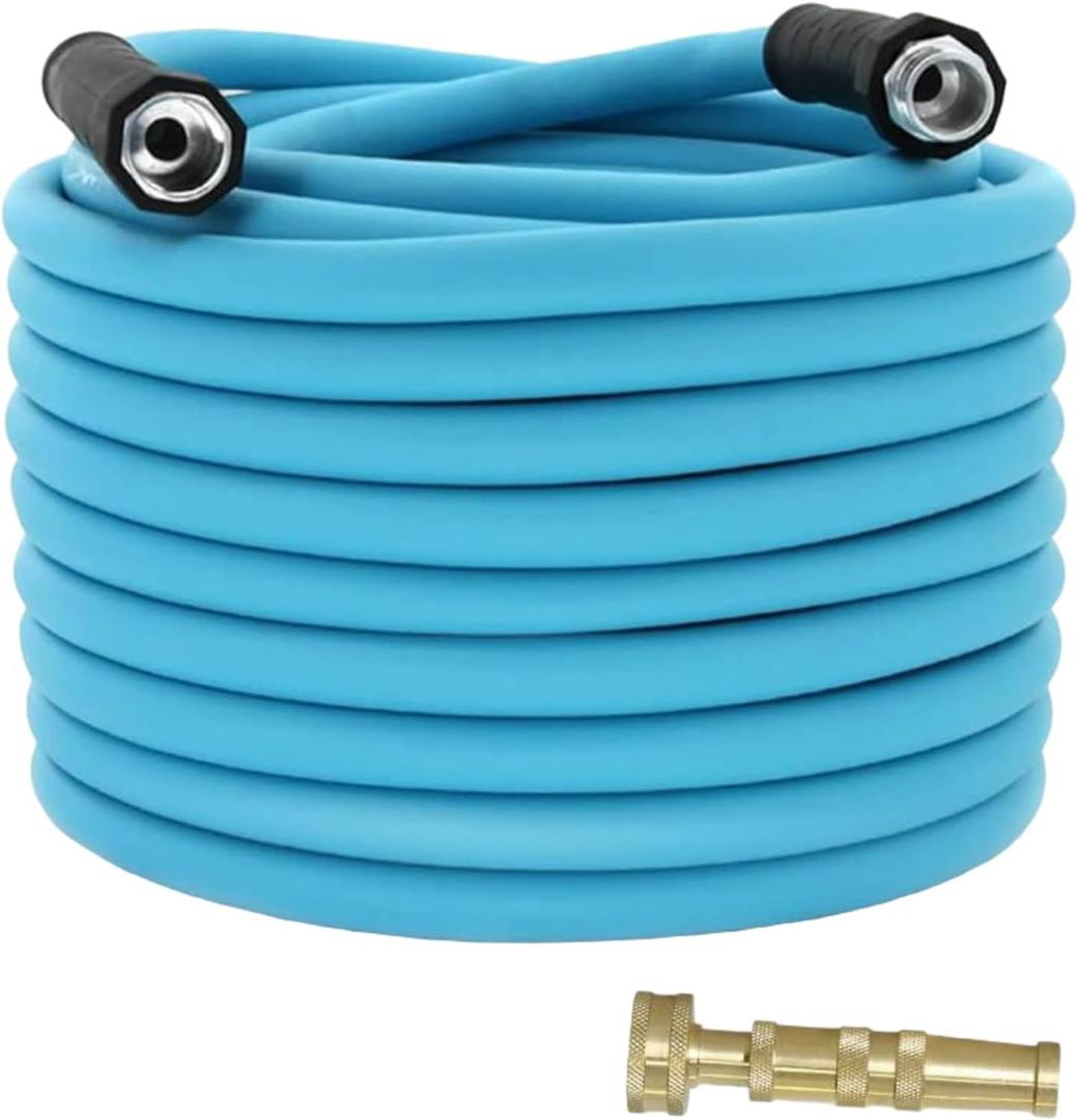 100FT RV Water Hose,5/8 Drinking Water Hose Lead-free, 3/4" Solid Aluminum Fittings-No Leak,Garden hose Extender/Hose Reel Connector with Adjustable Twist Hose Nozzle For RV/Trailer/Camping/Truck (Blue)