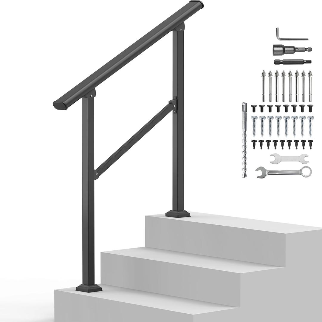 Outdoor Handrails for 2-3 Steps, Stair Railing Kit for Concrete & Porch Steps, Adjustable Black Iron Hand Rail for Seniors, Easy Installation, Retro Arch Design