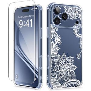 GVIEWIN for iPhone 17 Pro Max Case, with Screen Protector+Full Camera Protection, [NonYellowing] Clear Floral Slim Shockproof Protective Women Phone Case for iPhone 17 Pro Max 6.9", Coral Lotus/White