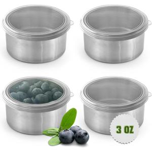 TAVVA 4 X 3oz Stainless Steel Containers with Lids - Leakproof w/Silicone Lids - BPA Free - Dishwasher & Freezer Safe - Portable & Reusable - Small Stainless Steel Snack Cups Dressing Containers