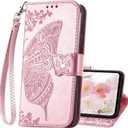 for Samsung Galaxy A16 5G Phone Case Wallet,Women Flip Cover with Credit Card Holders Butterfly Embossed PU Leather Stand Wrist Strap Purse Protective Case (Rose Gold)