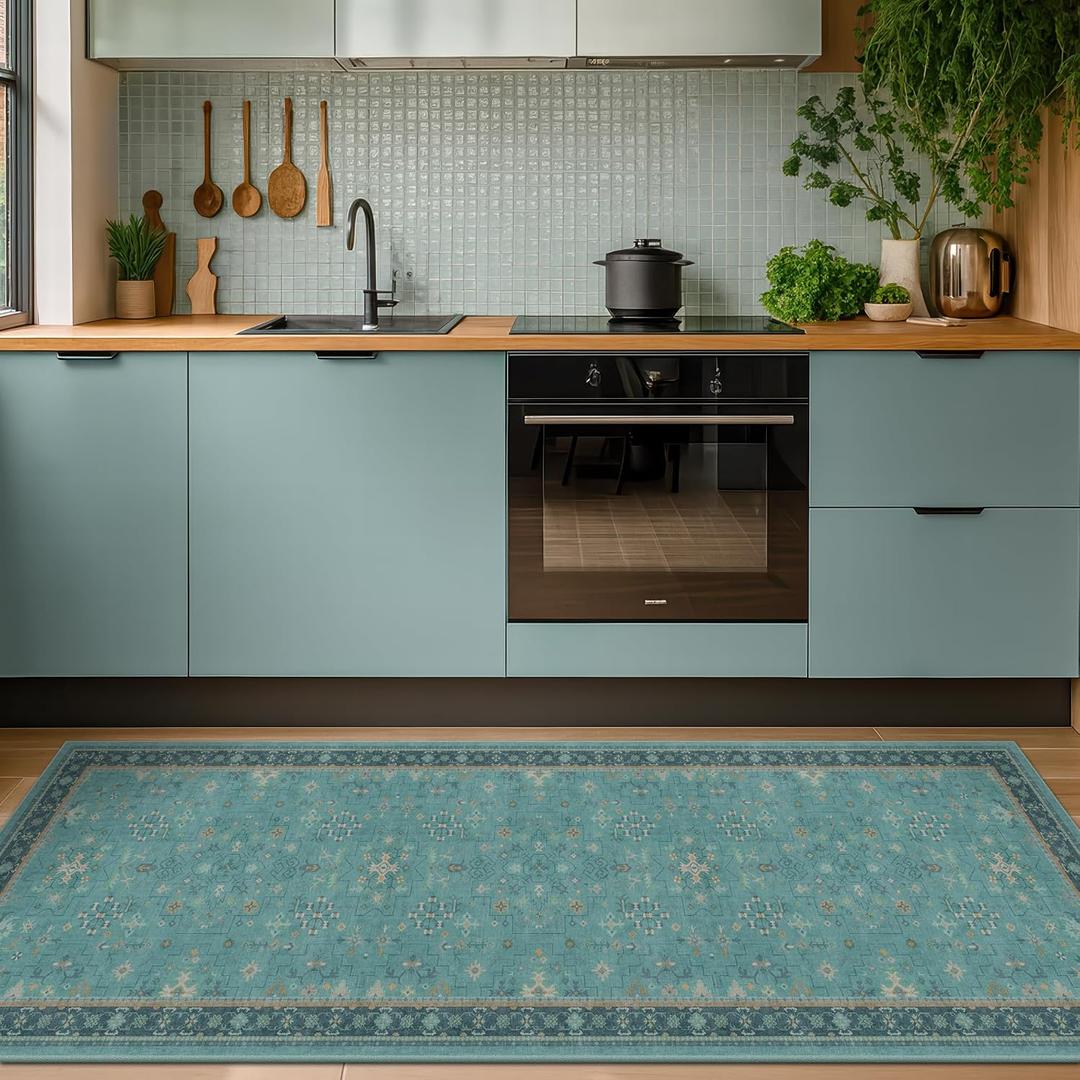 Hazo Haus Boho 2x6 Non Slip Kitchen Rug Runner - Teal Washable Rug for Bathroom, Laundry Room, Hallway, Non Slip with Rubber Backing, Floral Aqua Blue Unique Runner Décor