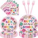 96 Pcs Back to School Bow Decorations, Pink Bow Plates Napkins Forks for 24 Guests, Party Tableware Supplies Set for First Day of School Classroom Party Event
