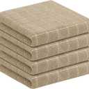Homaxy 100% Cotton Terry Kitchen Towels(Tan, 13 x 28 inches), Checkered Designed, Soft and Super Absorbent Dish Towels, 4 Pack