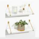 SUMGAR 24 Inch Floating Shelves Long Shelf for Wall Decor, White/Gold Large Wood Wall Mounted Hanging Storage Shelves with Black Metal Brackets for Bathroom Kitchen, Set of 2 (22.8"5.7)