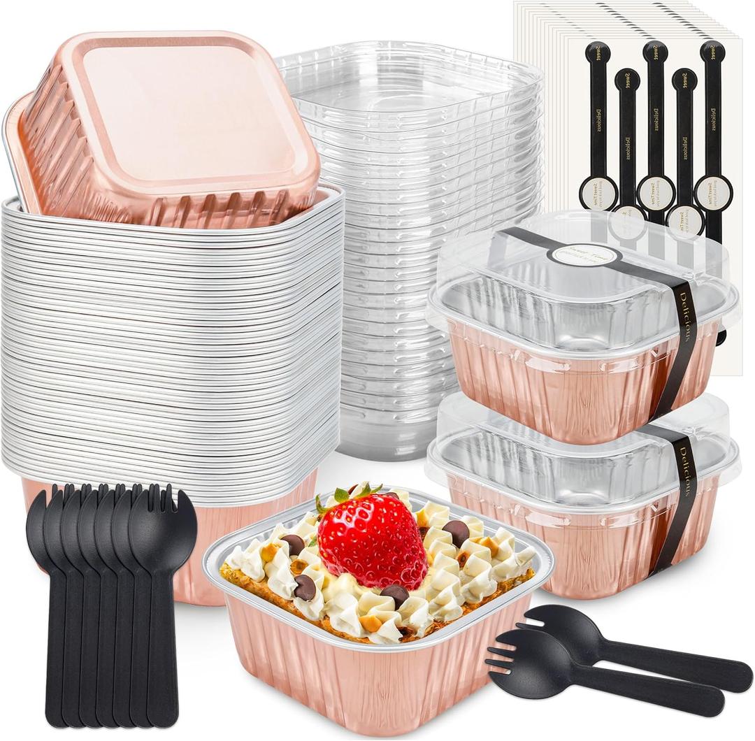NPLUX 50 Pack Mini Cake Pans with Lids and Spoons Aluminum Foil Pans Square Cake Tins for Bakery Party Wedding Mothers Day Party Favors(Champagne Color,5 oz)