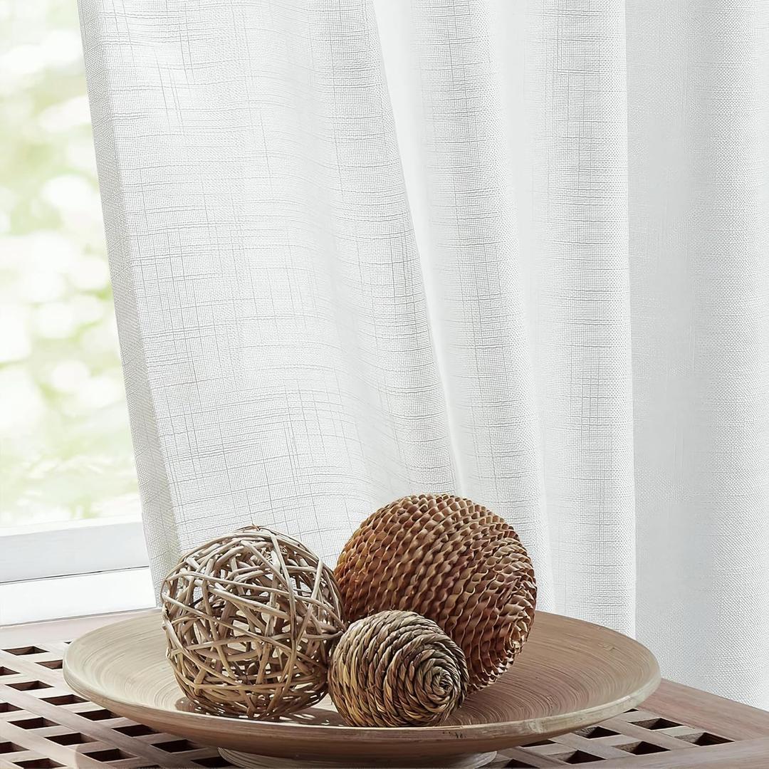 FMFUNCTEX Linen Semi Sheer White Curtains for Bedroom Living Room, Curtain Panels 90 Inches Long Sheer Linen Textured Window Drapes Farmhouse Light Filtering 2 Panels Rod Pocket