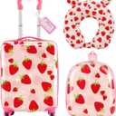 Sanwuta 4 Pcs Kids Luggage Set Carry On Rolling Suitcase Backpack Neck Pillow Travel Set Gift for Girls Boys Summer Camp(17 Inch,Strawberry Style,Light Pink)