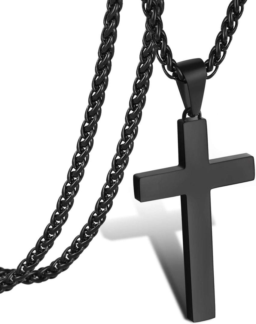 P. BLAKE Stainless Steel Cross Pendant Necklace for Men Boys, Christian Cross Pendant with 24 Inches Chain Cross Necklace Jewelry Gifts, Black