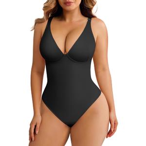 FeelinGirl Shapewear Bodysuits for Women Tummy Control Body Suits Deep V Neck Thong Body Shaper (X-Large, Black)