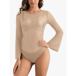 UEOIOW Women's Boat Neck Bell Long Sleeve Sheer Mesh Sparkle Rhinestone Going Out Bodysuit Tops Trendy S