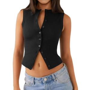 Relety Womens Crop Tank Tops Going Out Button Down Vest Seamless Ribbed Trendy Shirts Cute Sleeveless Summer Spring Y2K Cami L