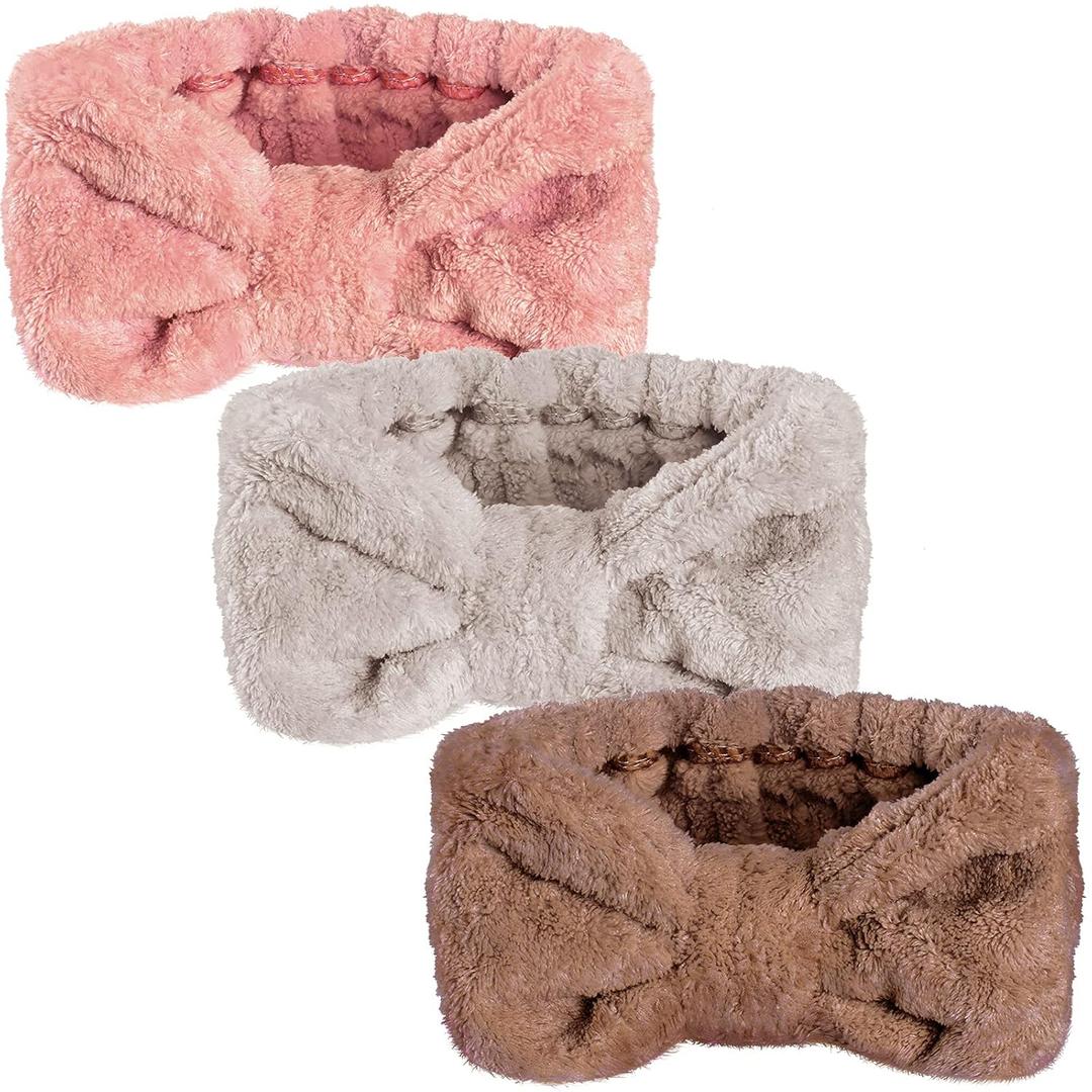 3 Pieces Wash Face Headband Makeup Spa Headband Towel Terry Hair Bands Microfiber Bowtie Headbands Shower Facial Adjustable Headband for Women (Pink, Blue, White) (Pink, Light Camel, Light Coffee)