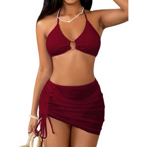 MakeMeChic Women's 3 Piece Bathing Suits Halter Ring Bikini Set with Cover Up Skirts (Medium)