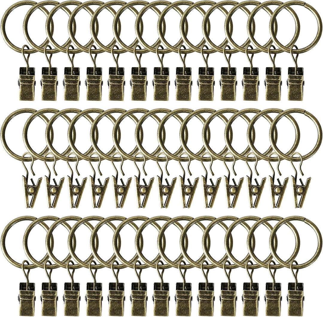 Curtain Rings with Clips Hooks 44Pack 1.26 inch Metal Stainless Steel Drapery Rings for Tension Rod Bracket Eyelets Decorative Hangers, Bronze (1.26" Interior Diameter)