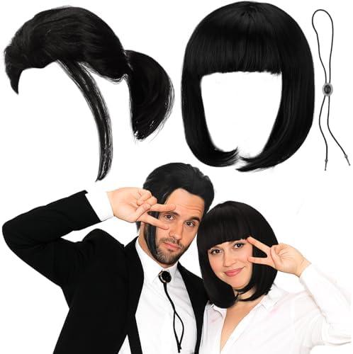 Wavwavw 7 Pcs Halloween Classic Film Character Couples Accessories Costume Set Short Black Pigtail Synthetic Hair Wigs Bolo Tie Straight Bob Wig Retro 90s Movie Cosplay Set for Adult Couple Cosplay
