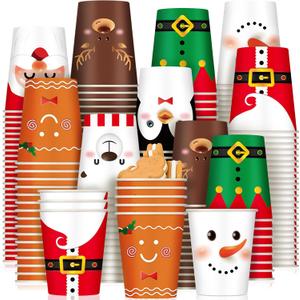 Zhehao 200 Pcs Christmas Paper Cups Xmas Disposable Coffee Cups 9 oz Santa Snowman Elk Disposable Christmas Paper Drinkware for Tea Beverage Cocoa Cold Hot Drink