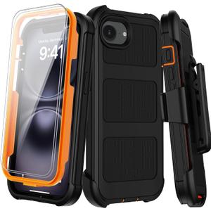 for iPhone 16e Case with Belt Clip Holster,iPhone 17e Case w/Screen Protector X2,Heavy Duty Shockproof Drop Protection Military Grade 2-Layers Rugged Durable Phone Cover for Apple 16e 17e(Black Orange