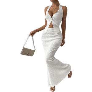 SOLY HUX Women's Two Piece Outfits Twist Front Halter Cami Tops and Skirt Summer Set (Plain White), Small