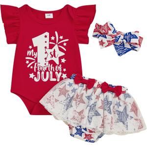 Toddler Baby Girl 4th Of July Outfit Ruffle Romper Star Shorts Skirt Headband Independence Day Clothes Dress Set (12-18 Months)