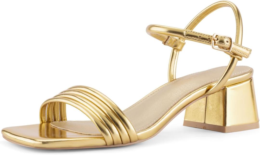 Round Strappy Heels for Women Open Square Toe Chunky Heeled Sandals Ankle Strap Block Low Heels (6, Gold)