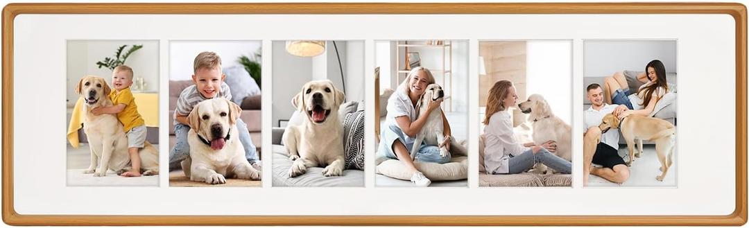 MIBYIBER 8x28 Collage Picture Frame Natural Teak Solid Wood, 4x6 Collage Photo Frame Displays 6 Photos or 8x28 (Without Mat), Wooden Frame for Tabletop or Wall Mounting Display