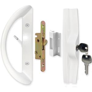 Patio Sliding Door Handle Set with Mortise Lock, Key Cylinder and Keeper, Replacement Handle Lock Set Fits Door Thickness from 1-1/2" to 1-3/4", 3-15/16" Screw Hole Spacing, Keyed, White