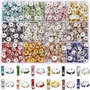 QUEFE 720Pcs Rhinestone Spacer Beads for Jewelry Making, Rondelle Crystal 8mm Bead for Necklaces, Bracelet Pendants (12 Colors)