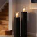 Sziqiqi Tall Floor Candle Holders: 34/27 inch Hurricane Pillar Candleholders Set of 2 for Home Decor - Large Black Cylinder Candle Stand for Outdoor Porch Living Room Fireplace