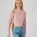 Women Long Sleeve Tops Ruffled Mock Neck with Delicate Floral, Soft Stretchy Breathable Lettuce Hem Casual Layering Tops (Pink, S)