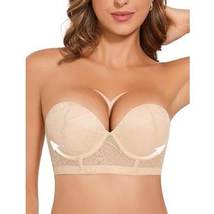 Amafuur Strapless Push Up Bra for Women Padded Underwire Support Convertible Lace Longline Bombshell Bras, 34D