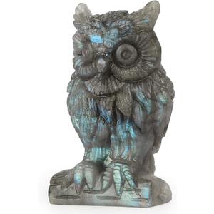 SMQ 2.0" Labradorite Crystal Owl Statue Home Decor Carved Gemstone Owl Paperweight Animal Carvings Figurines,Reiki Healing Stones for Bookshelf,Office Decoration
