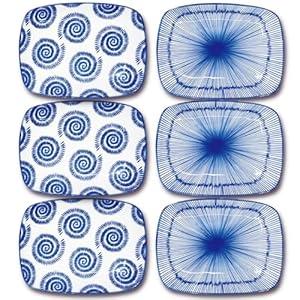 KeQiu Japanese Ceramic 7.75 inch Rectangular Salad Plates Set of 6, Dessert Plates for Appetizer, Sushi, Pasta, Porcelain Plates for Kitchen, Microwave/ oven/ Dishwasher Safe, Vintage Blue, Gift Set