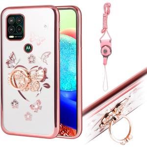 Compatible with Moto G Stylus 5g Case Clear Cute Soft Ring Stand Girls Women Shockproof Fall Protection Cover Glitter Diamond Electroplate Floral Butterfly Pattern Case for G Stylus 5g (Rose Gold)
