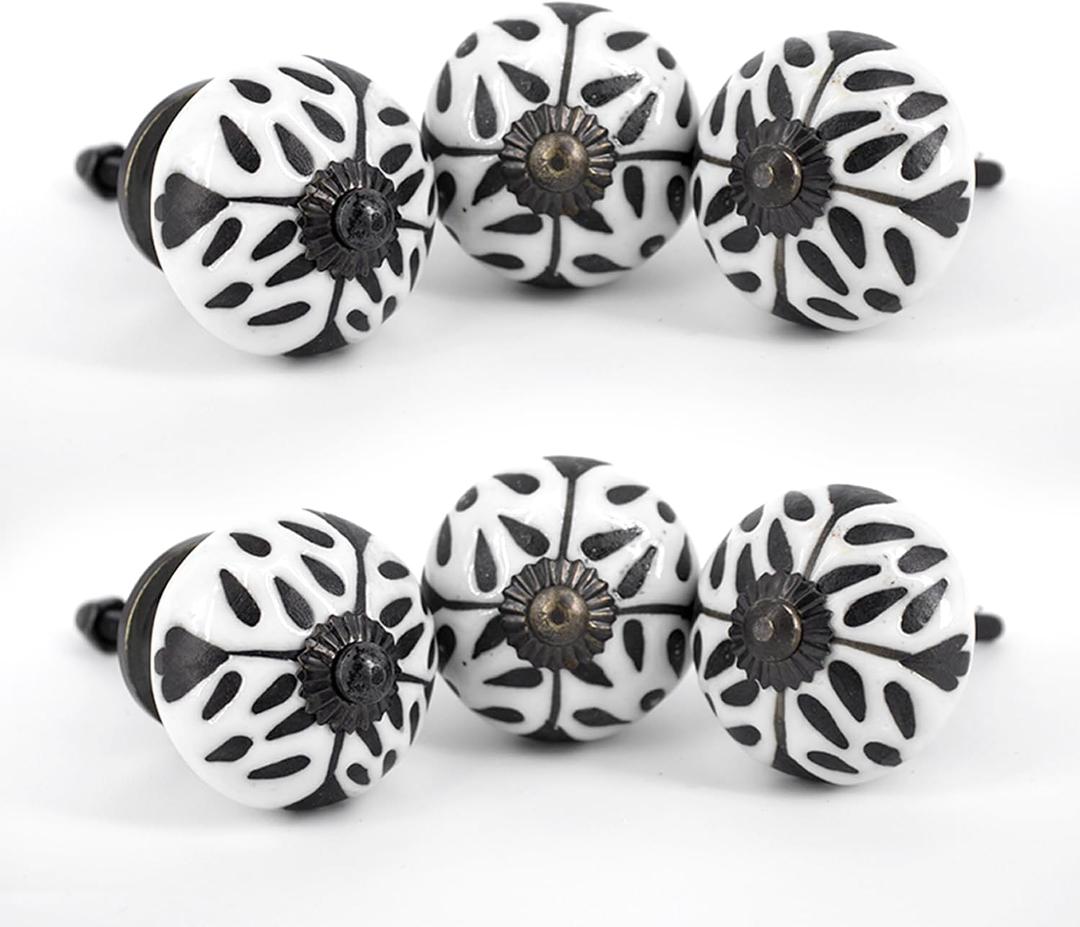 Handmade Flower White Ceramic Stone Cabinet Knobs, Vintage Decorative Drawer Pulls for Trendy Cabinets, Modern Dressers & Cupboards, Knobs for Kitchen & Furniture - Set of 6