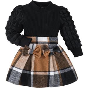 Noubeau Toddler Girls Plaid Outfits Girls Puff Sleeve Knit Ribbed Shirt Tops Plaid Skirt Set Kids Fall Winter Clothes (7 Years)