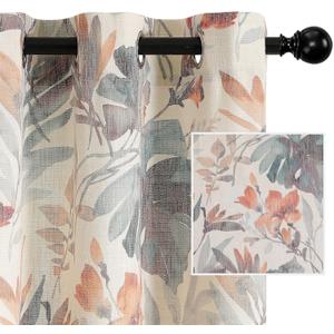 MYSKY HOME Curtains 90 Inch Length Orange Curtains for Living Room Flower Printed Light Filtering Privacy Protect Drapes Set Natural Linen Look Window Treatment Grommet 2 Panels,Coral and Natural