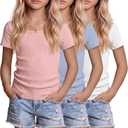 3 Pack Girls Shirts Scoop Neck Ribbed T Shirts Teens Short Sleeve Slim Fit Summer Tees for Kids Age 5-14