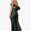 Women's Fall Satin Backless Maxi Dress Silk Cut Out V Neck Slip Tie Back Formal Cocktail Midi Dresses for Wedding Guest M