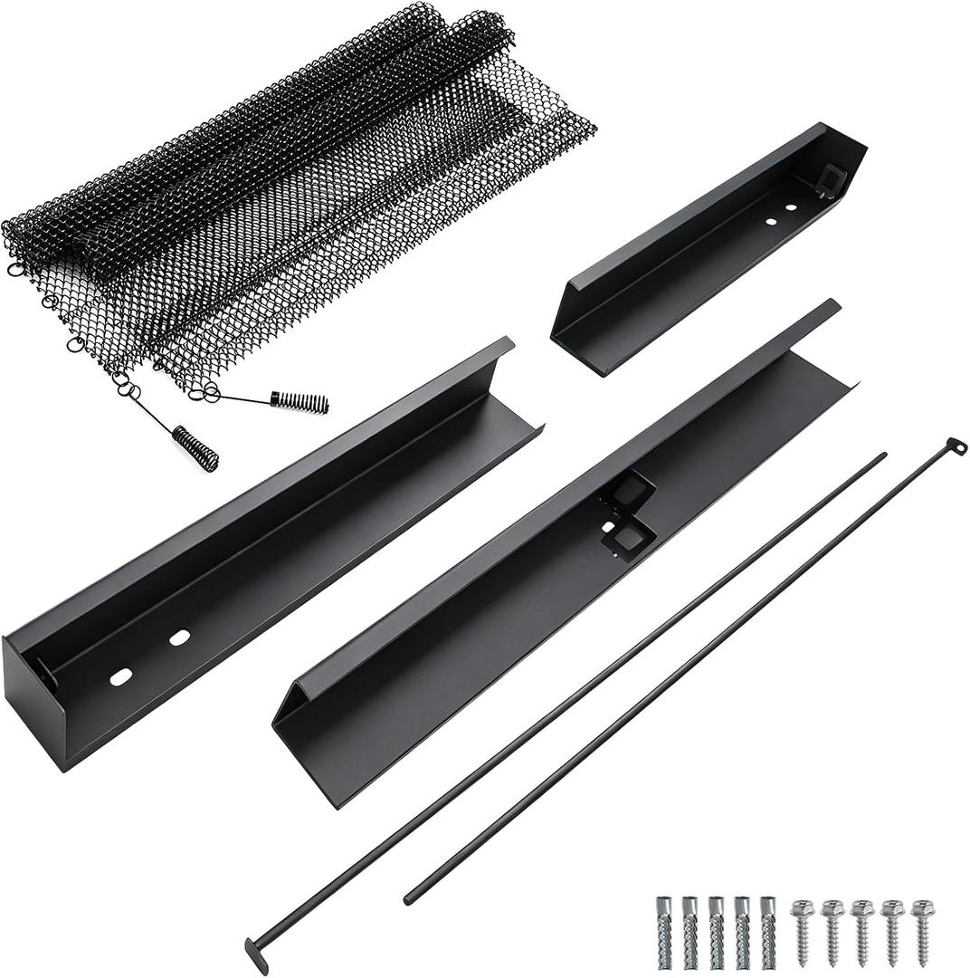 20 in. High Fireplace Screen Mesh Curtain | 2 Panels w/Adjustable Rod and Valance Kit | 19-Gauge Steel