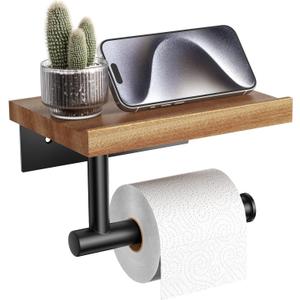 Tindbea Toilet Paper Holder with Wood Shelf, Wooden Wall Mount Tissue Paper Roll Holder, Matte Black Stainless Steel Bathroom Accessories Decor for Home (Sapele, Matte Black)