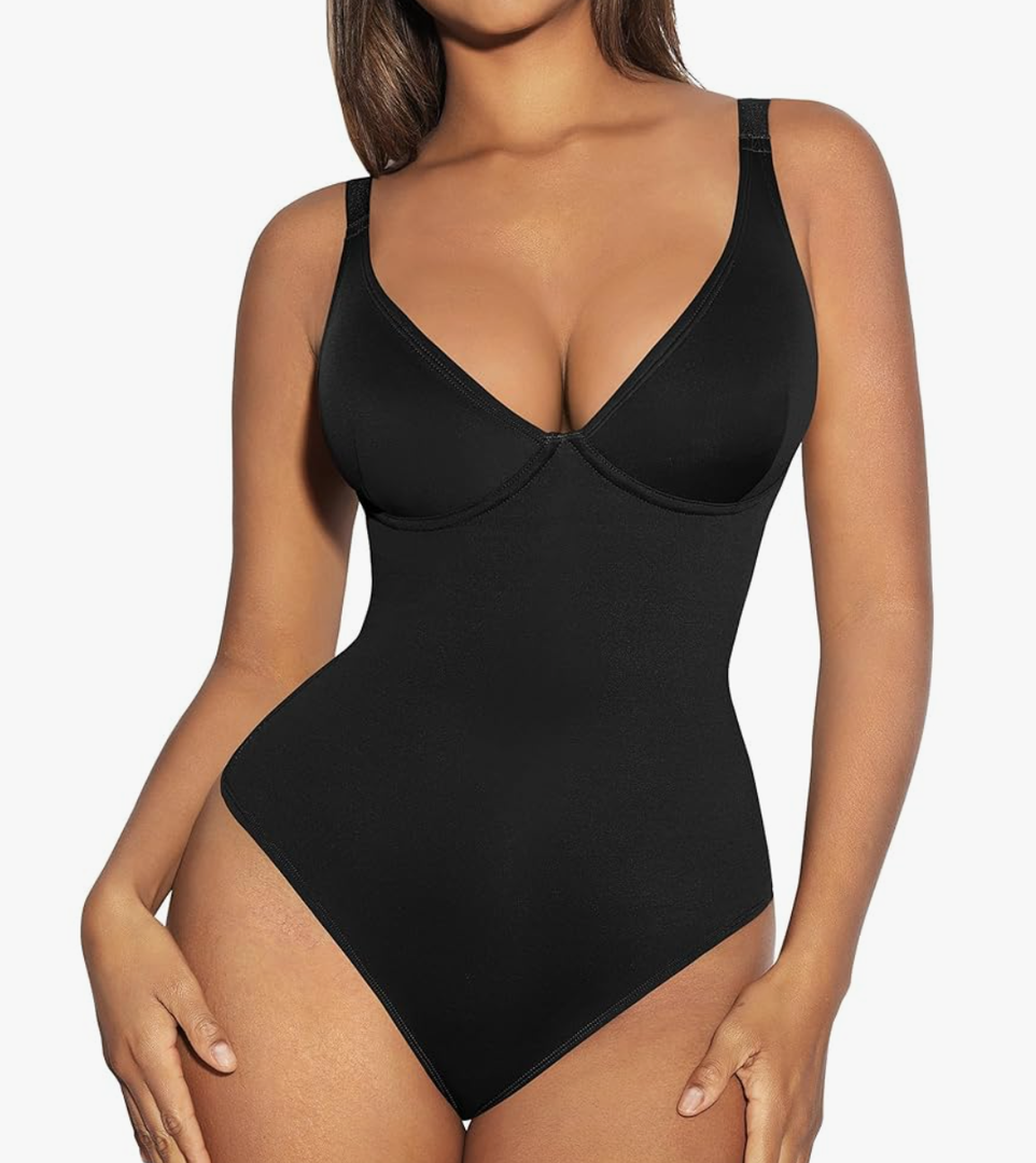 FeelinGirl Shapewear Bodysuits for Women Tummy Control Body Suits Deep V Neck Thong Body Shaper L