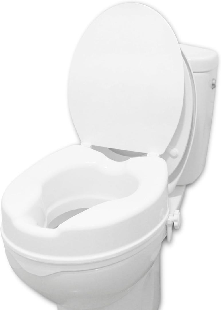 Mobility Raised Toilet Seat with Lid for Elderly 4" High, Fits Round and Elongated up to 15" Wide, Commode Seat with Sturdy Brackets, Medical Aid