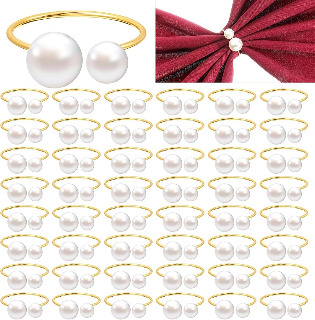 50 Pcs Pearl Napkin Rings Set, Gold Napkin Ring Holders with Faux Pearls Delicate Serviette Ring Buckle for Wedding Christmas Banquet Party Dinner Table Supplies