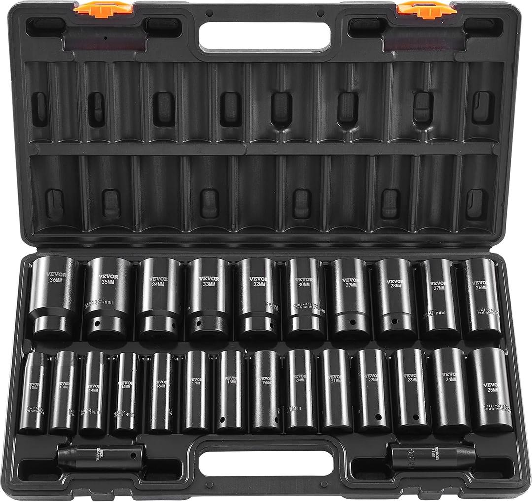 VEVOR Impact Socket Set 1/2 Inches 26 Piece Deep Sockets, 6-Point, Rugged Construction, Cr-V, 1/2 Inches Drive Socket Set Impact Metric 10mm - 36mm, with a Storage Cage