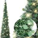 5FT Pop up Christmas Tree for St Patrick's Day Indoor Decor,Pre-lit Mini Christmas Tree with 60 Lights,Green White Artificial Pencil Tree Collapsible Tinsel Lighted up Easter Decor Tree with Glitter