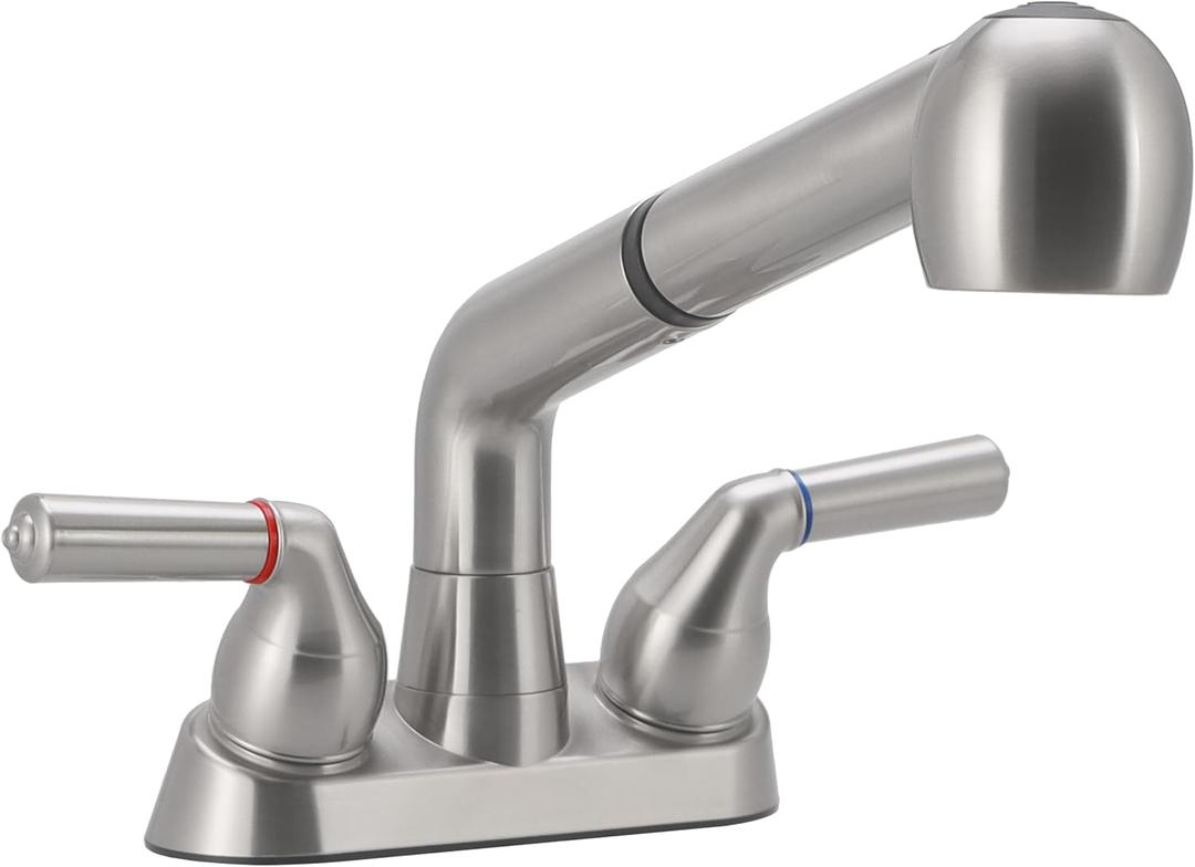 Utility Sink Faucet, Laundry Room Faucet with Pull Out Sprayer, Laundry Tub ABS Plastic Faucet, 4 Inch Centerset 3 Holes Installation Non-Metallic, Brushed Nickel