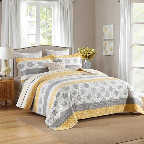 Homzard King Size Comforter Set, Floral King Size Quilt Set, Yellow Gray White All Cotton Quilted Bedspread, Striped Flower Pattern Bedding Set, Lightweight Paisley 3 Piece, All Seasons