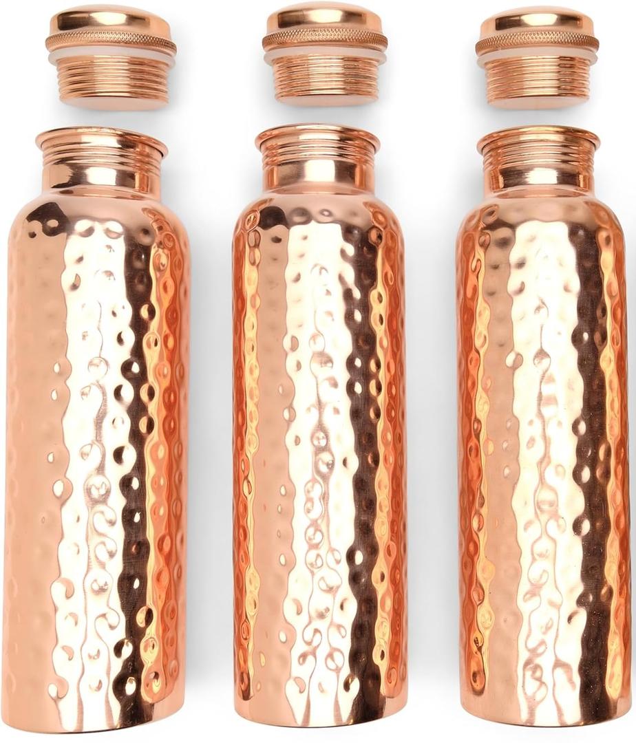 Advanced Mixology Glytterati Hammered Copper Water Bottle (34 oz/1000ml) (Set of 3) | Pure Copper Bottle for Drinking Water